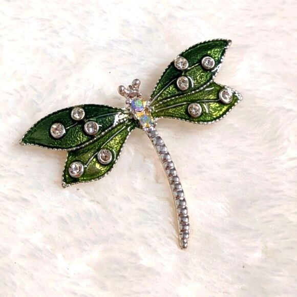 Vintage 90's Enameled Dragonfly Brooche w/ Rhinestone Accents - Picture 5 of 7